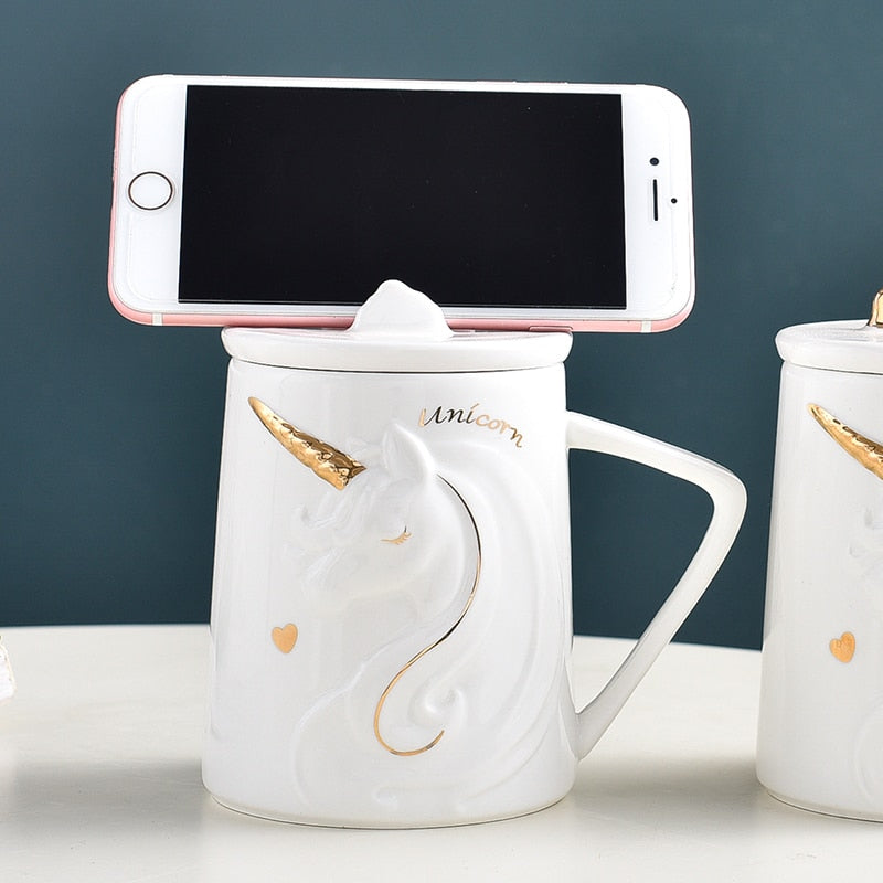 Gorgeous Relief Unicorn Coffee Mug with Mobile Phone Holder Lid Cute Water Tea Ceramic Milk Breakfast Cup Creative Gift