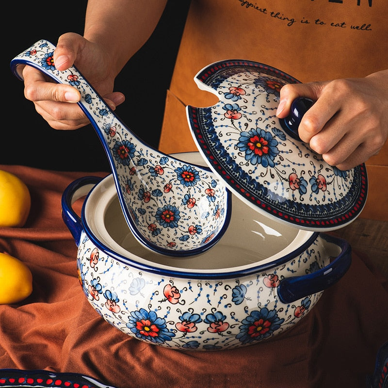 Retro Ceramic Plate Household Binaural Noodle Bowl Dinnerware Salad Bowl Fish Dishes 2l Soup Pot With Spoon Kitchen Tableware