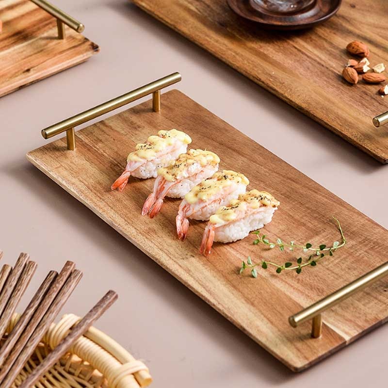 Wooden Sushi Serving Tray With Metal Handles