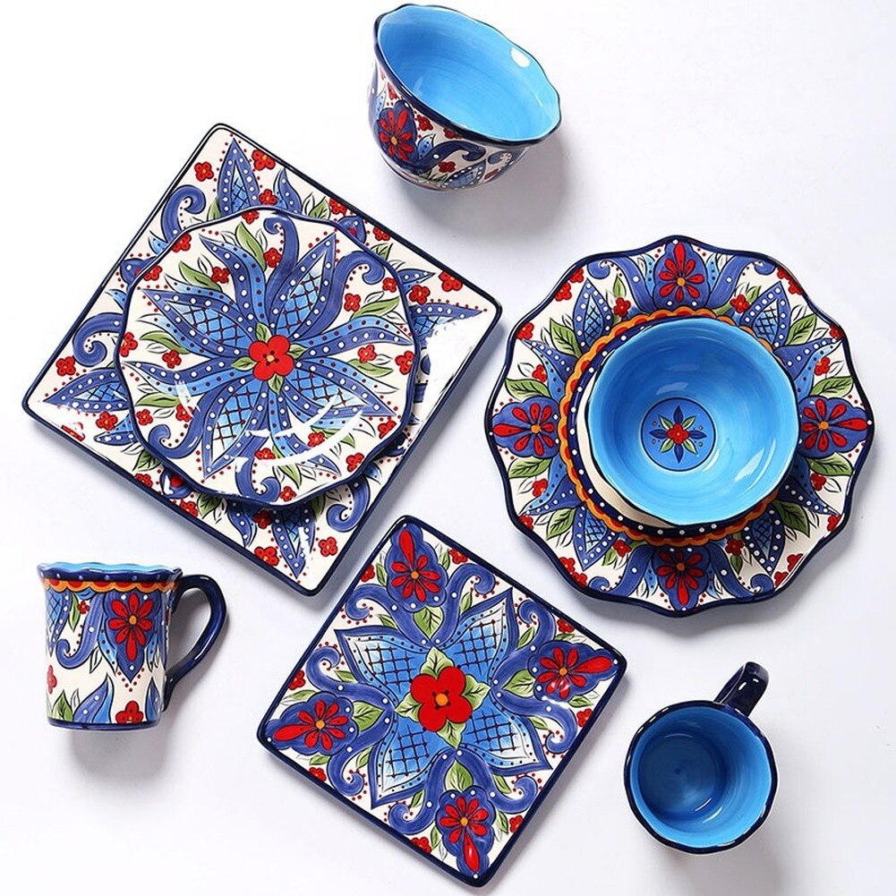 European ceramic dinnerware set household hand-painted large Western steak lotus plate square plate export tableware