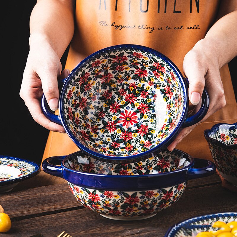 Retro Ceramic Plate Household Binaural Noodle Bowl Dinnerware Salad Bowl Fish Dishes 2l Soup Pot With Spoon Kitchen Tableware