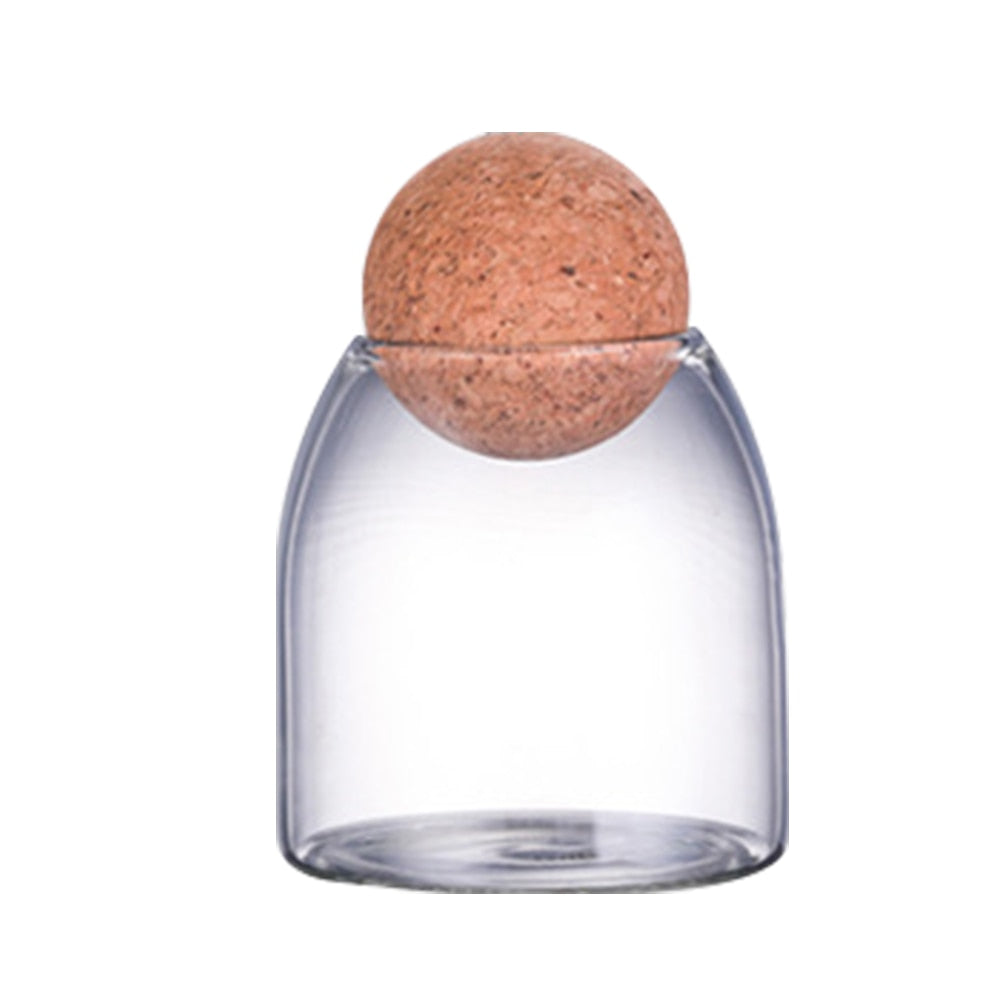 Heat Resistant Glass Jar With a Narrow Moutha and a Spheric Cork Lid