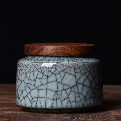 Crackle Glaze Asian Dry Storage Round Tub with a Wooden Lid