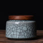 Crackle Glaze Asian Dry Storage Round Tub with a Wooden Lid