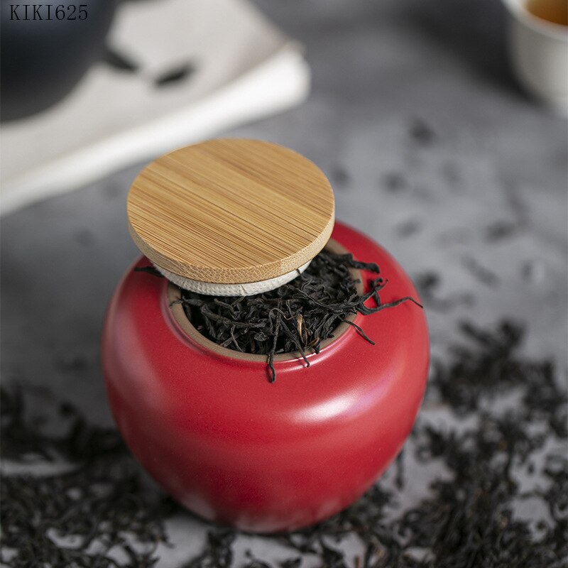 Creative Cute Mini Ceramic Storage Jar with Bamboo Wood Cover Home Portable Travel Tea Caddy Small Objects Jewelry Storage Box