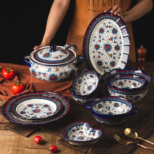 Retro Ceramic Plate Household Binaural Noodle Bowl Dinnerware Salad Bowl Fish Dishes 2l Soup Pot With Spoon Kitchen Tableware