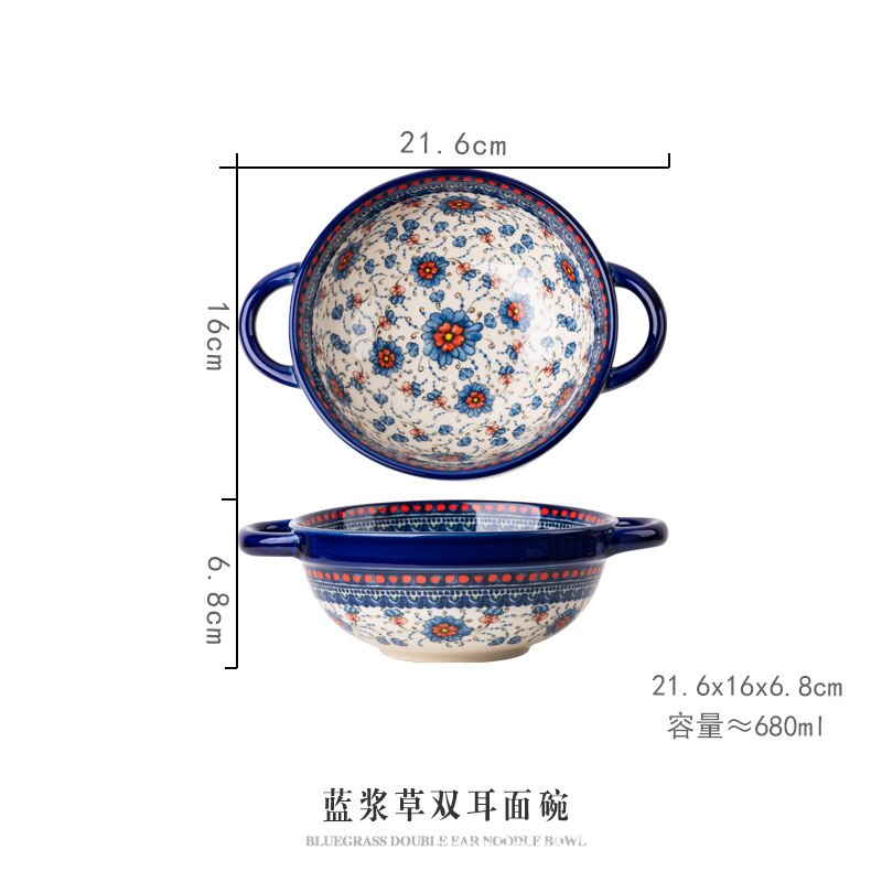 Retro Ceramic Plate Household Binaural Noodle Bowl Dinnerware Salad Bowl Fish Dishes 2l Soup Pot With Spoon Kitchen Tableware