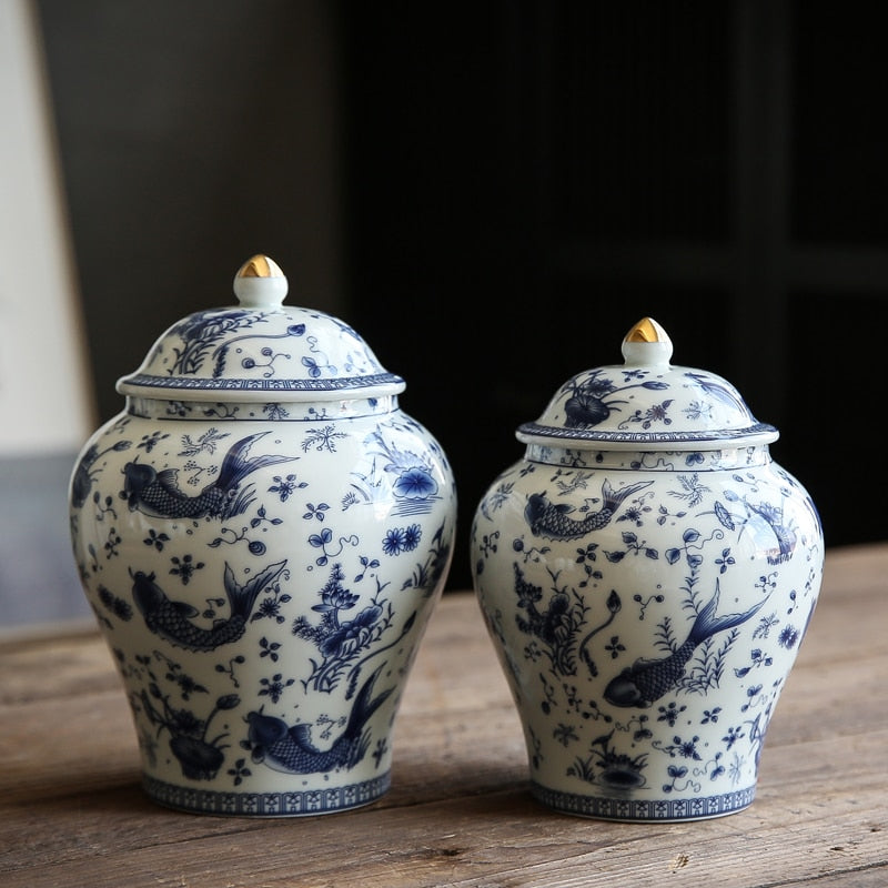 Antique Style Blue and White Porcelain Sealed Tea Caddy  with a Fish Pattern Ceramic Storage Jar