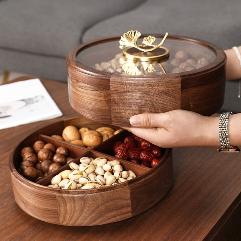 Golden Deer Walnut Wood Snack Plate Luxury Gilt Ginkgo Biloba Platters and Trays Candy Dried Fruit Wooden Storage Box Home Decor