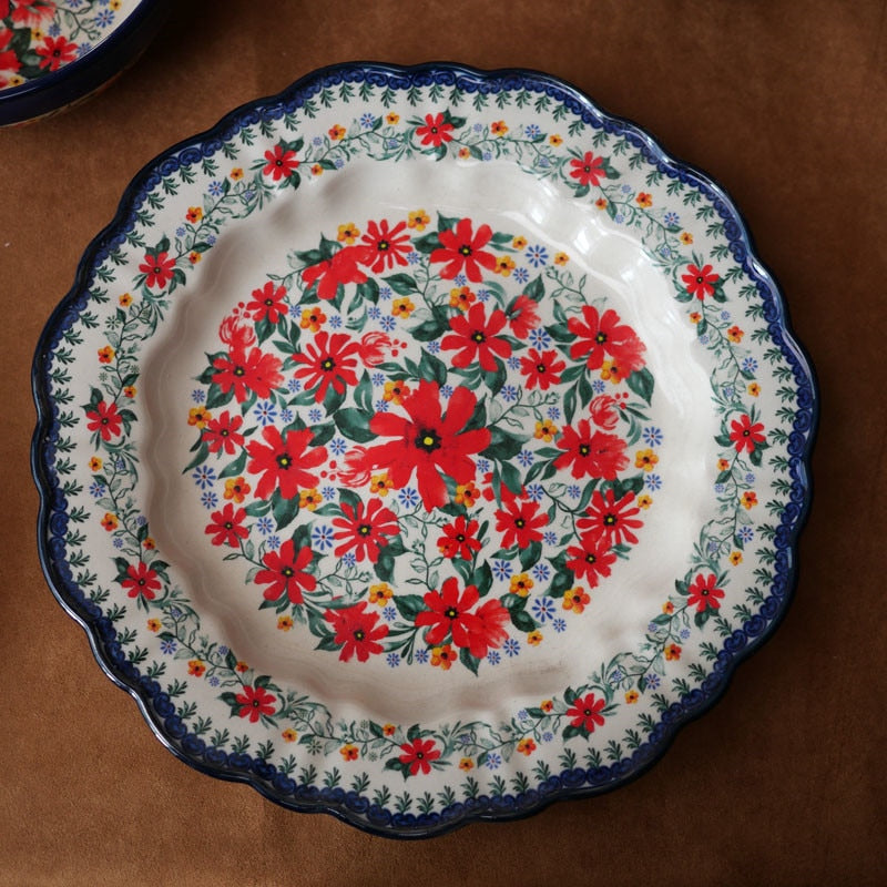 Poland Style Round Steak Plates Ceramics Fish Dishes Bowls Kitchen Tableware Eco-Friendly Underglaze Rural Flowers Wedding Gifts