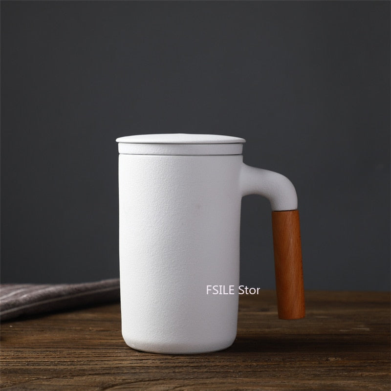 Japanese Ceramic Travel Mug with Filter and Wooden Handle 450 ml - Fsile