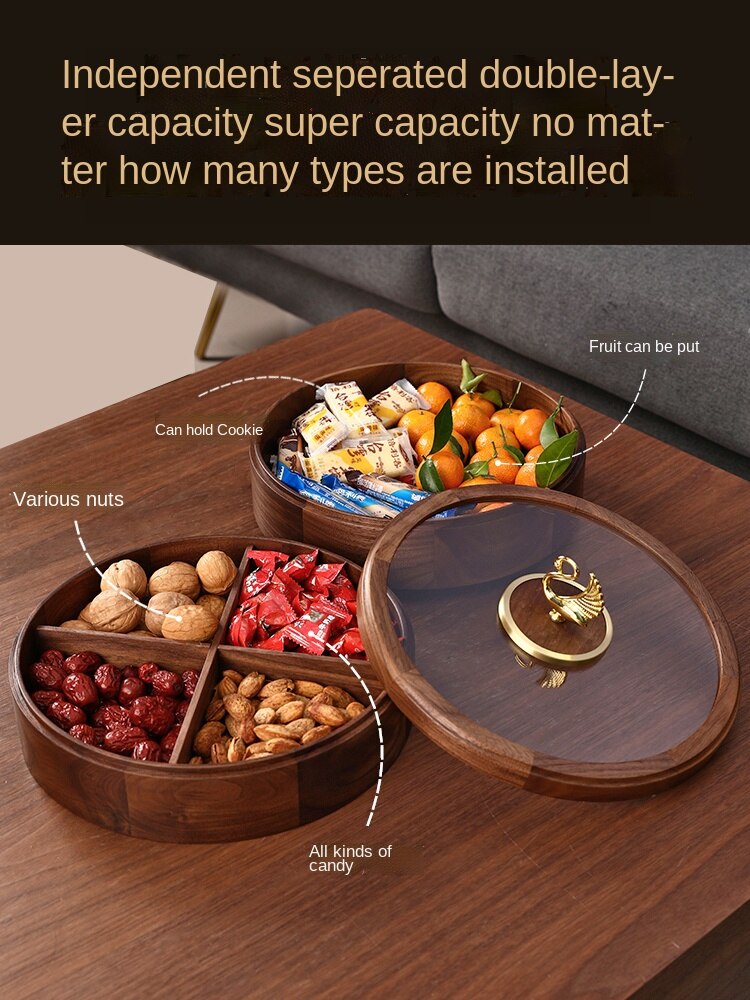Walnut Solid Wood Dried Fruit Box Candy Box Home Living Room Light Luxury Tea Table Chinese Fruit Plate Snack High-End Storage