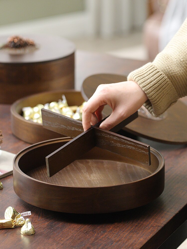 Round Serving Wooden Tray with Compartments and Pine Cone Handle