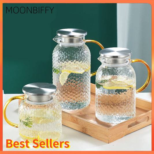 Glass Water Pitcher with Filter Lid and Pouring Spout Heat Resistant Glass Carafe for Hot Cold Beverages Homemade Ice Tea Bottle
