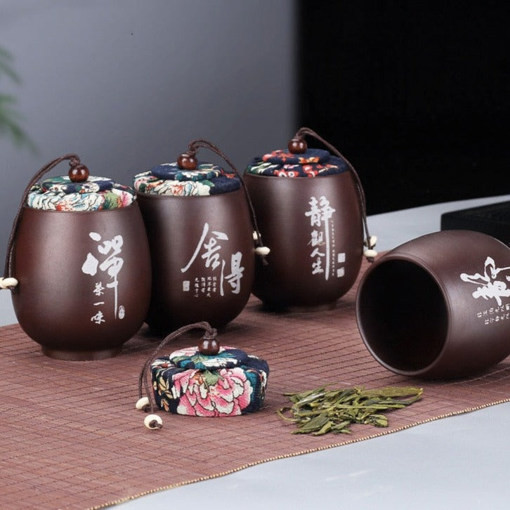 Japanese Traditional Handmade Ceramic Tea Storage Cup With Fabric Covered Lid 180 ml