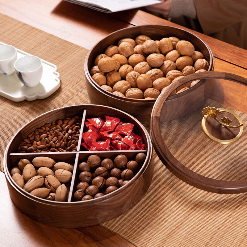 Golden Deer Walnut Wood Snack Plate Luxury Gilt Ginkgo Biloba Platters and Trays Candy Dried Fruit Wooden Storage Box Home Decor