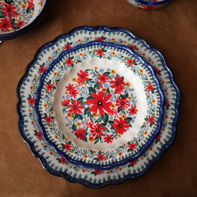 Poland Style Round Steak Plates Ceramics Fish Dishes Bowls Kitchen Tableware Eco-Friendly Underglaze Rural Flowers Wedding Gifts
