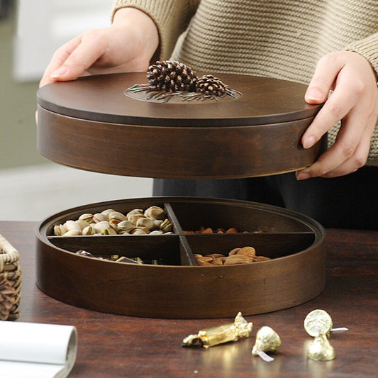 Round Serving Wooden Tray with Compartments and Pine Cone Handle