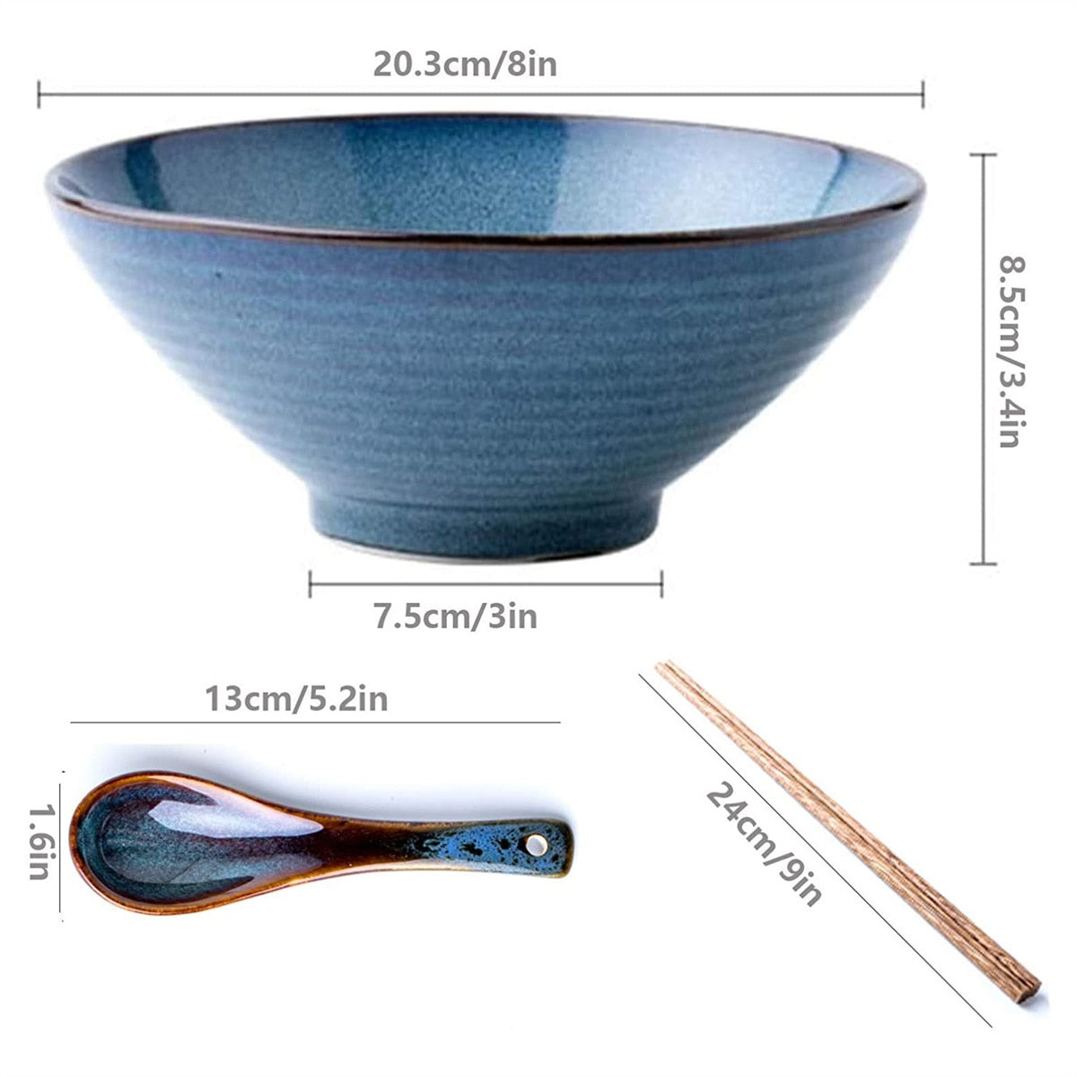 Blue Ceramic Ramen Bowl Set - With Spoon and Chopsticks 3 pcs - Udon Soup Bowl - Blue