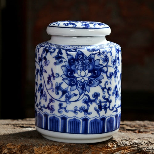 Chinese Style Blue and White Porcelain Ceramic Tea Caddy