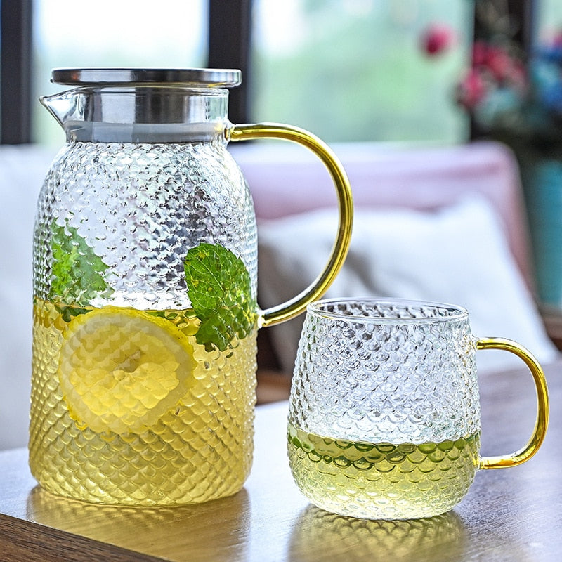 Glass Water Pitcher with Filter Lid and Pouring Spout Heat Resistant Glass Carafe for Hot Cold Beverages Homemade Ice Tea Bottle