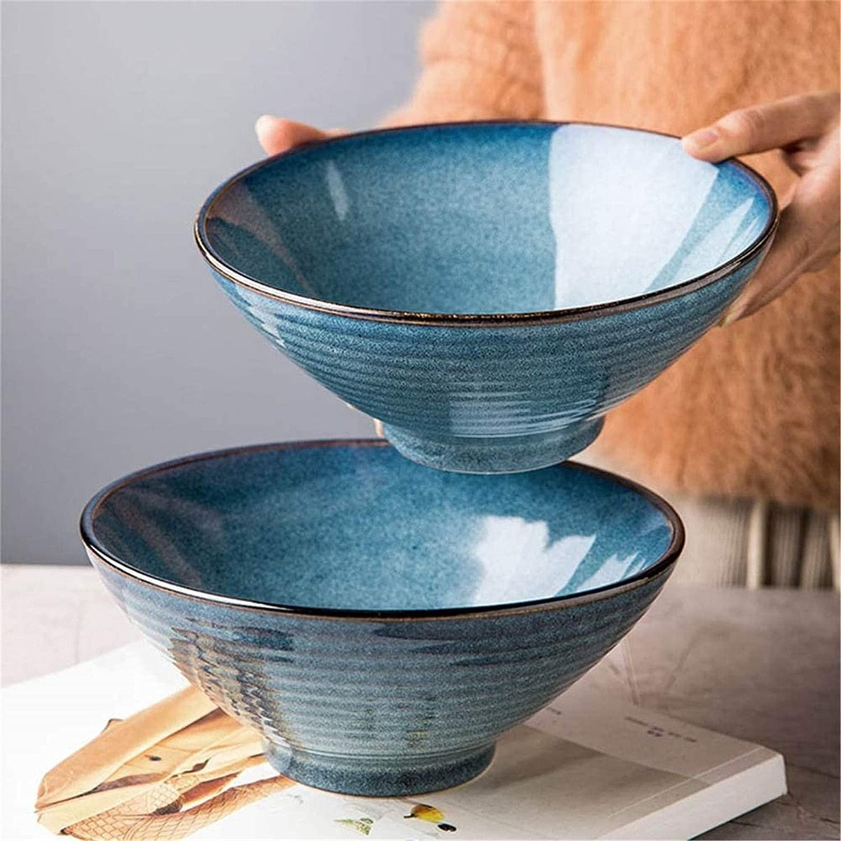 Blue Ceramic Ramen Bowl Set - With Spoon and Chopsticks 3 pcs - Udon Soup Bowl - Blue