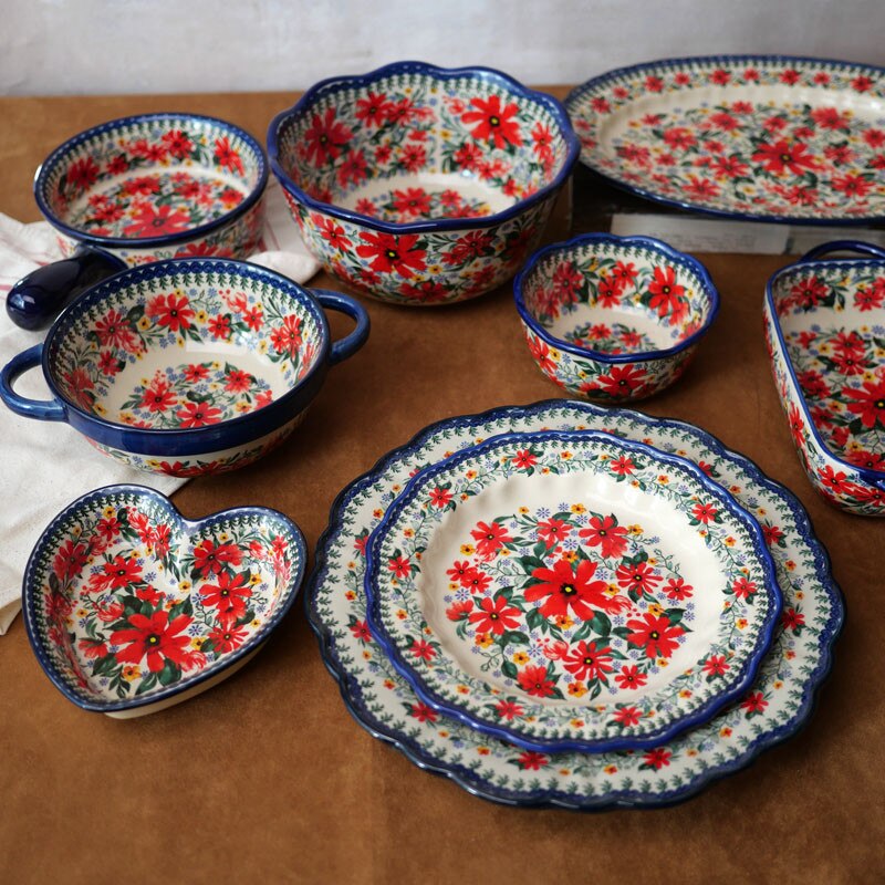 Poland Style Round Steak Plates Ceramics Fish Dishes Bowls Kitchen Tableware Eco-Friendly Underglaze Rural Flowers Wedding Gifts
