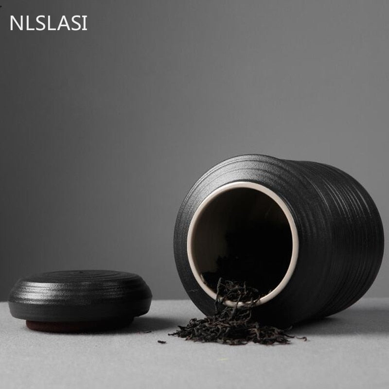 Large capacity black pottery tea can Portable Sealed Jar travel Tea Caddy Storage Spice Tea Boxes Candy storage tank Home Decor