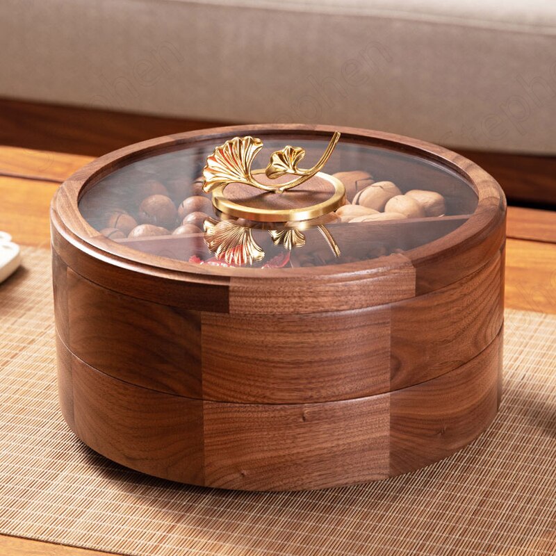 Golden Deer Walnut Wood Snack Plate Luxury Gilt Ginkgo Biloba Platters and Trays Candy Dried Fruit Wooden Storage Box Home Decor