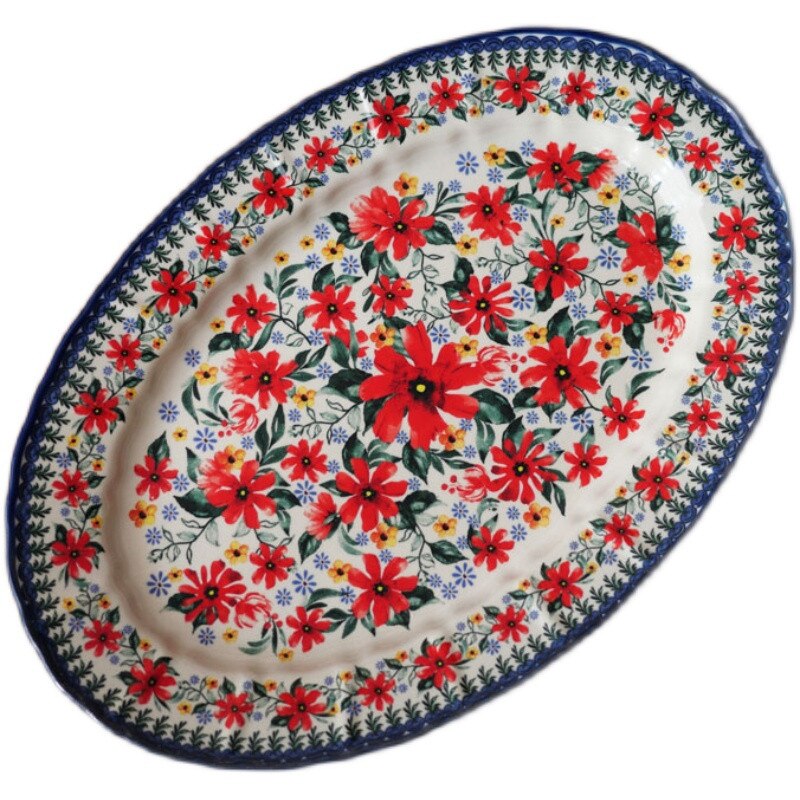 Poland Style Round Steak Plates Ceramics Fish Dishes Bowls Kitchen Tableware Eco-Friendly Underglaze Rural Flowers Wedding Gifts