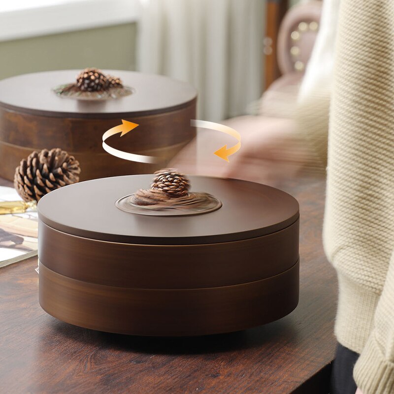 Round Serving Wooden Tray with Compartments and Pine Cone Handle