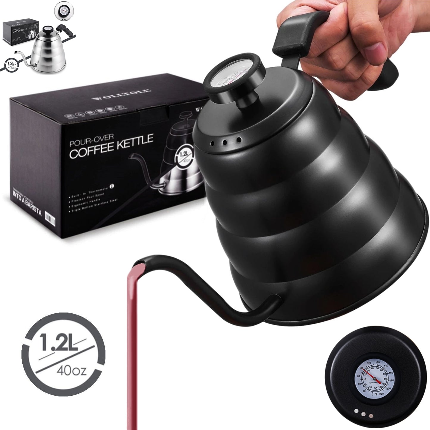 Gooseneck Coffee Kettle with Thermometer 1L and 1.2L - Silver and Black