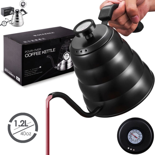 Gooseneck Coffee Kettle with Thermometer 1L and 1.2L - Silver and Black