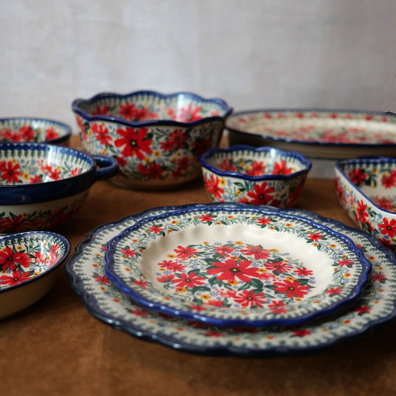 Poland Style Round Steak Plates Ceramics Fish Dishes Bowls Kitchen Tableware Eco-Friendly Underglaze Rural Flowers Wedding Gifts