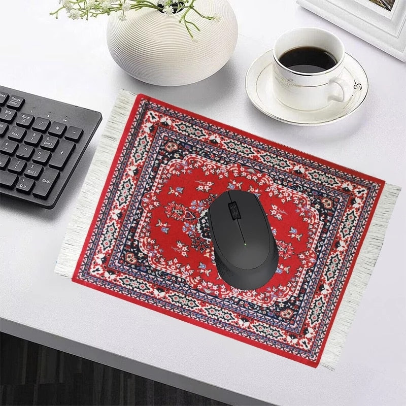 Persian Mini Woven Rug Mat Mousepad Retro Style Carpet Pattern Cup laptop PC Mouse Pad with Fring Home Office Table Decor Craft