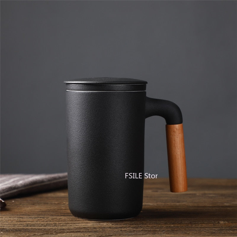 Japanese Ceramic Travel Mug with Filter and Wooden Handle 450 ml - Fsile