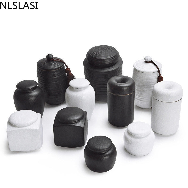 Large capacity black pottery tea can Portable Sealed Jar travel Tea Caddy Storage Spice Tea Boxes Candy storage tank Home Decor